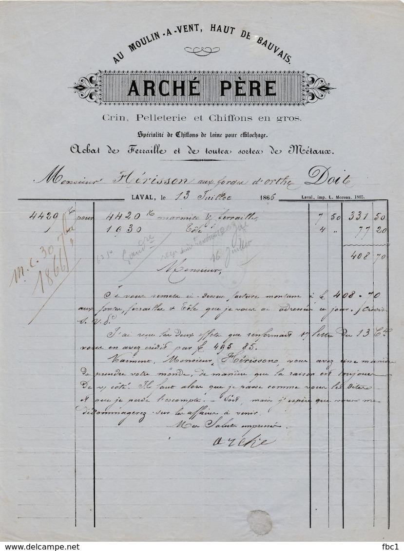 Mayenne - Laval - Arché Père - Crin, Pelleterie Et Chiffons En Gros - Achat De Ferraille Et Métaux 1866 - 1800 – 1899