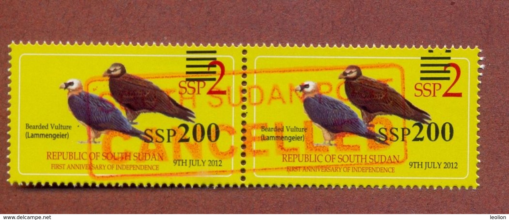 SOUTH SUDAN Proof Unadopted Value 200 SS Overprint Surcharge Stamp On 2 SSP Birds Bearded Vulture Südsudan Soudan Du Sud - Südsudan