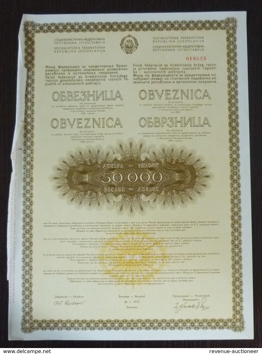 Yugoslavia 1972 Stock Bond Share 50000 Dinara B51 - Banca & Assicurazione