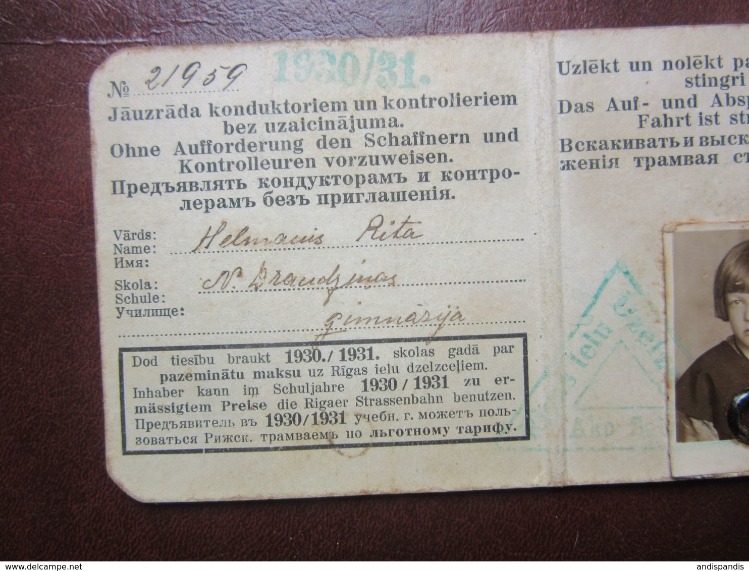 1930/31s Riga City Railway / TRAM Season Ticket  For  Student Girl  Latvia - Other & Unclassified