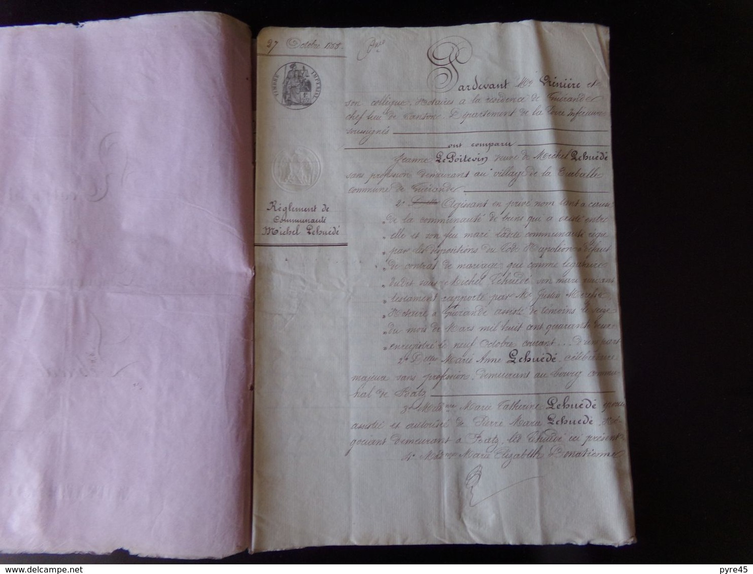 Acte Notarié Du 27 Octobre 1855 " Règlement De Communauté " Vrenière Notaire à Guérande - Non Classés