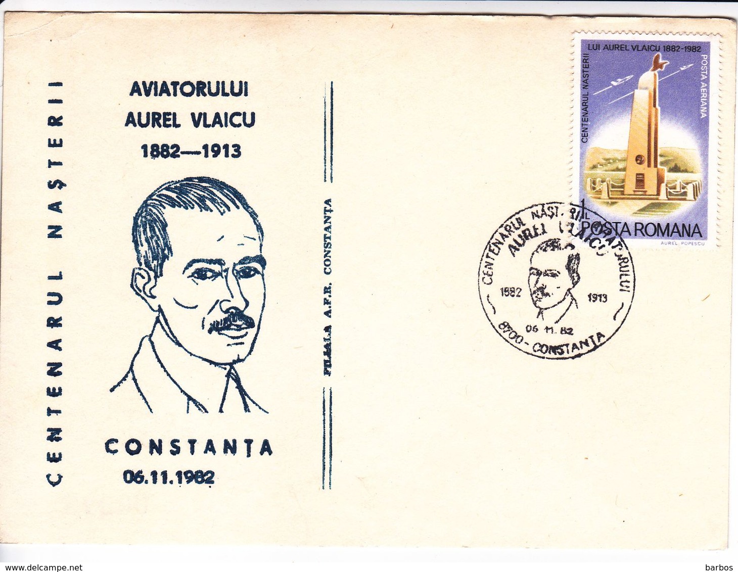 Romania , Roumanie , 1982 , Constanta , Aurel Vlaicu - 100 Years Since The Birth Of The Aviator  , Plane , Spec. Cancel. - Marcophilie