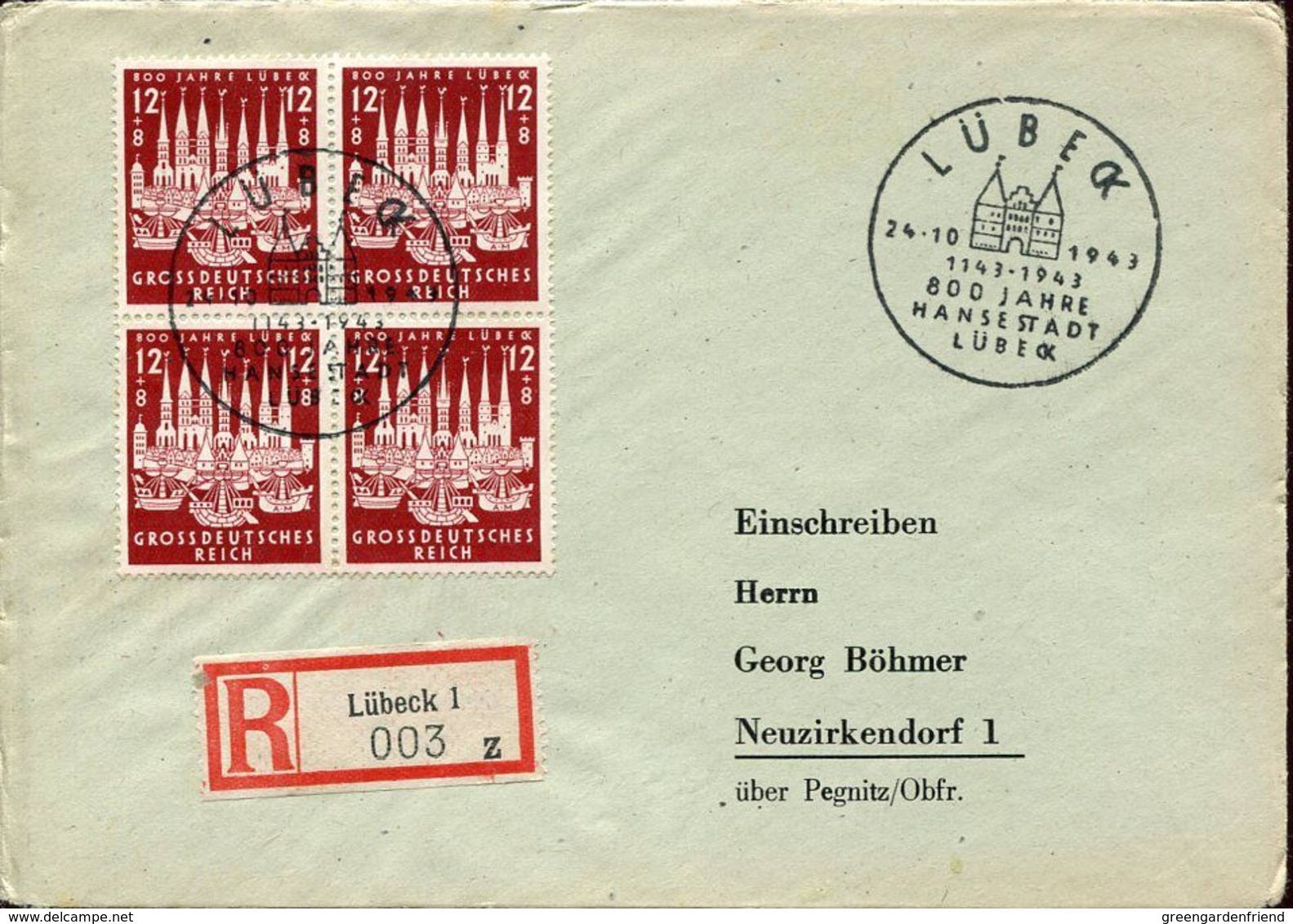 55672 Germany Reich, Fdc 24.10.1943 Lubeck, Block Of 4  800 Jahre Lubeck On Registered Cover - Covers & Documents