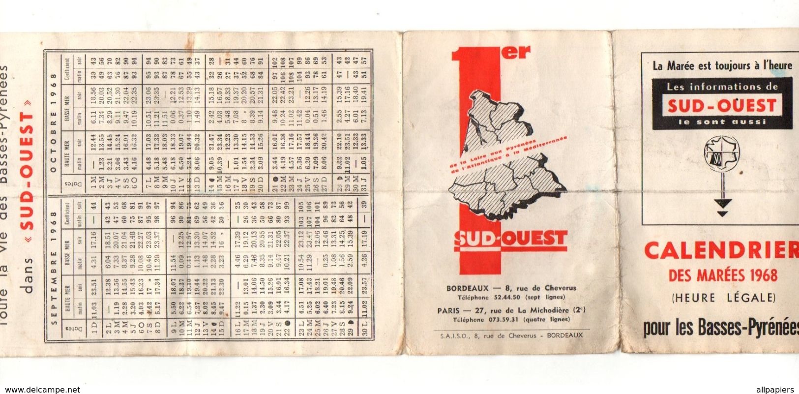 Petit Calendrier Des Marées 1968 - Toute La Vie Des Basses-Pyrénées Dans Sud-Ouest - Small : 1961-70