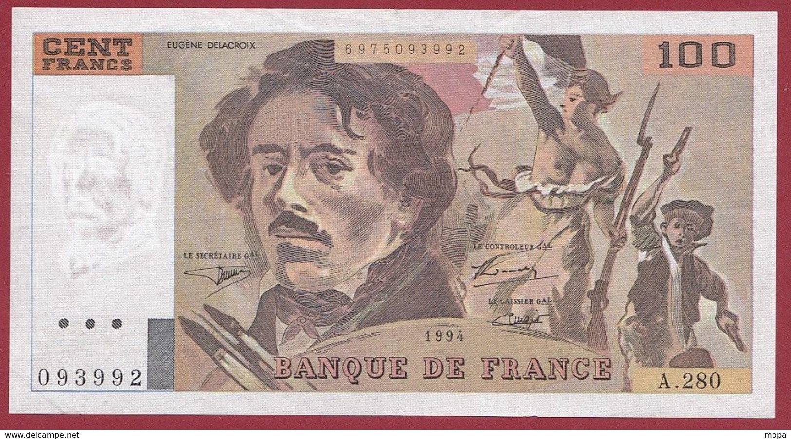 100 Francs "Delacroix" 1994 ----SUP+----ALPH.A.280--AUCUN TROU D EPINGLE - 100 F 1978-1995 ''Delacroix''