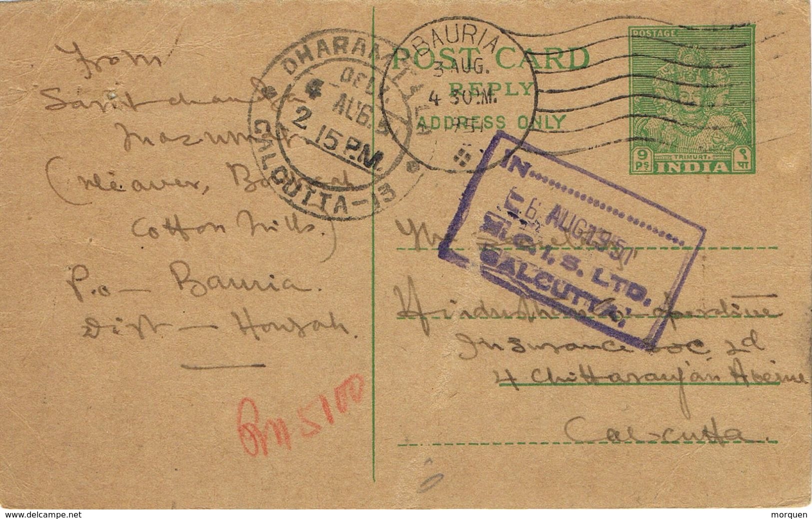 36888. Entero Postal BAURIA (Howrah) India 1951 To Calcutta - Inland Letter Cards