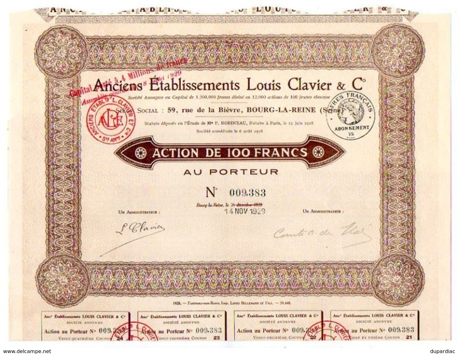 ACTION Au Porteur De 100 Francs : Anciens Etablissements Louis CLAVIER & Cie, 59 Rue De Bièvre à BOURG-LA-REINE, 1929. - Miniere