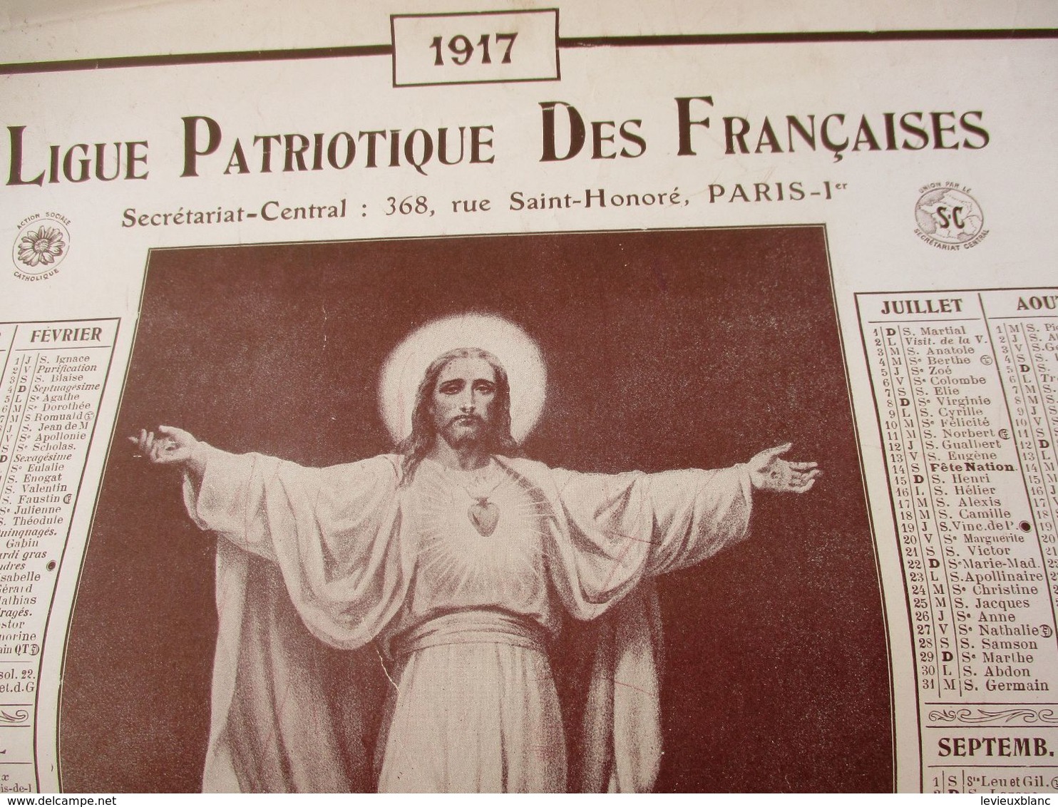 Grand Calendrier Uniface/Ligue Patriotique Des Françaises/Action Sociale Catholique/Sacré-Coeur Du Christ/1917   CAL469 - Grossformat : 1901-20