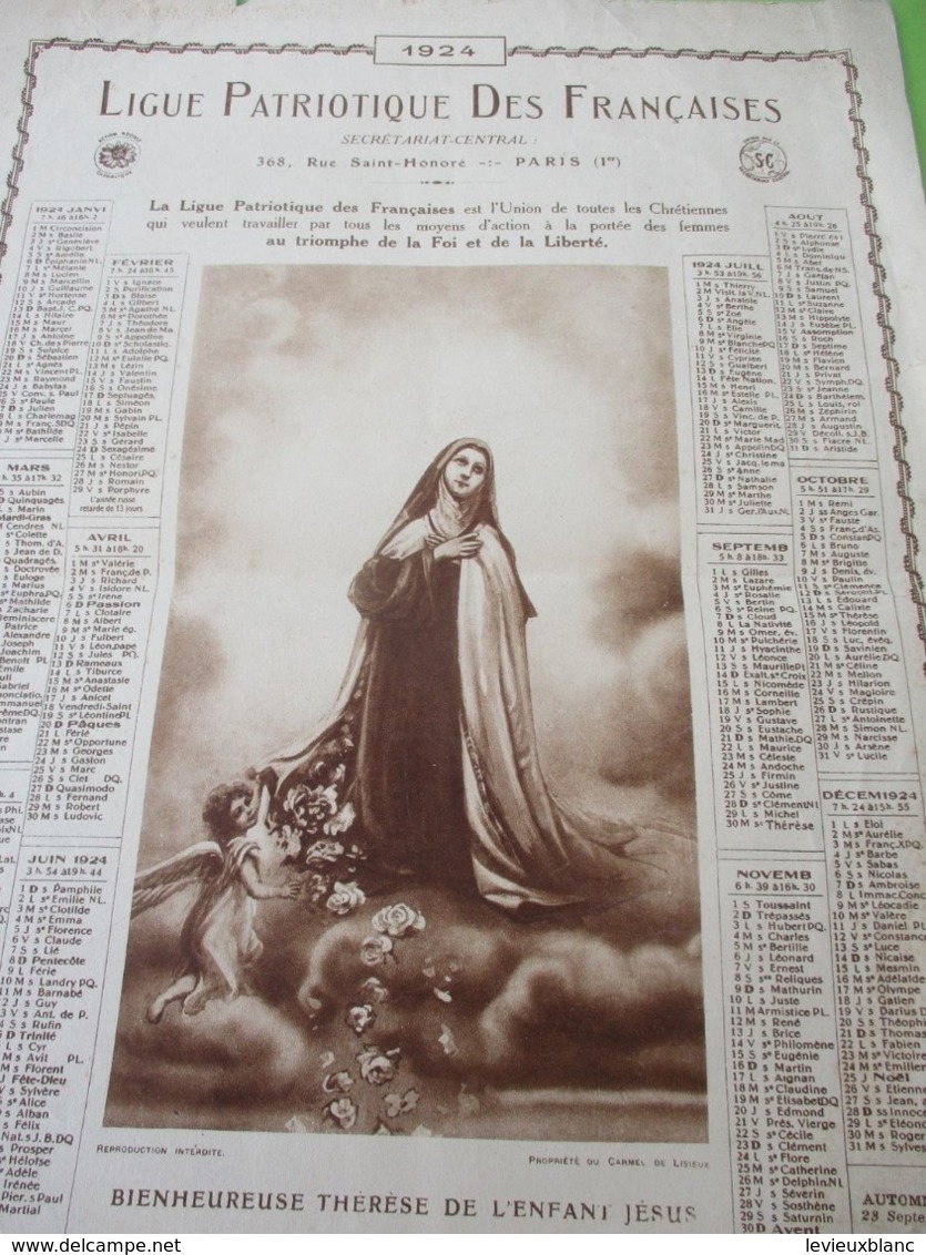 Grand Calendrier Uniface/Ligue Patriotique Des Françaises/Action Sociale Catholique/Thérèse Enfant-Jésus/1924   CAL470 - Groot Formaat: 1921-40