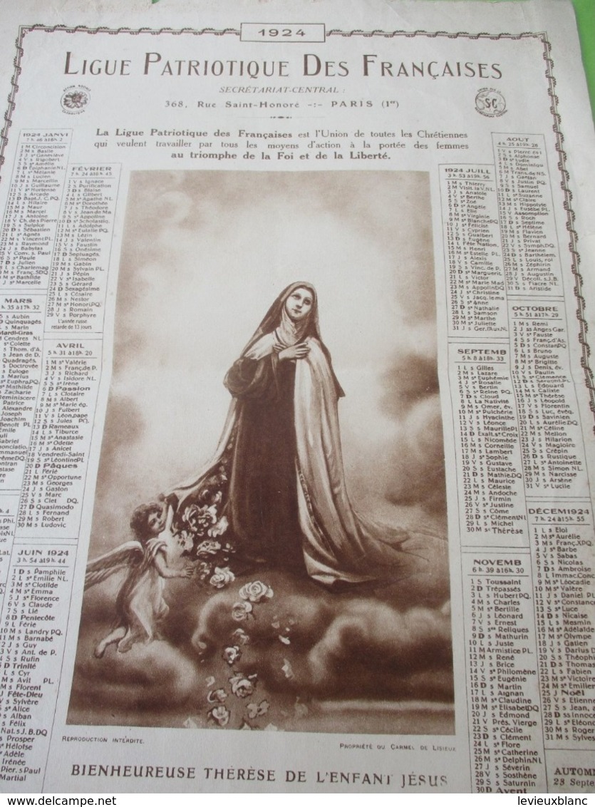 Grand Calendrier Uniface/Ligue Patriotique Des Françaises/Action Sociale Catholique/Thérèse Enfant-Jésus/1924   CAL470 - Big : 1921-40