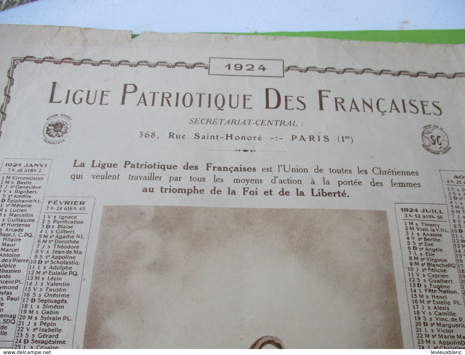 Grand Calendrier Uniface/Ligue Patriotique Des Françaises/Action Sociale Catholique/Thérèse Enfant-Jésus/1924   CAL470 - Grand Format : 1921-40