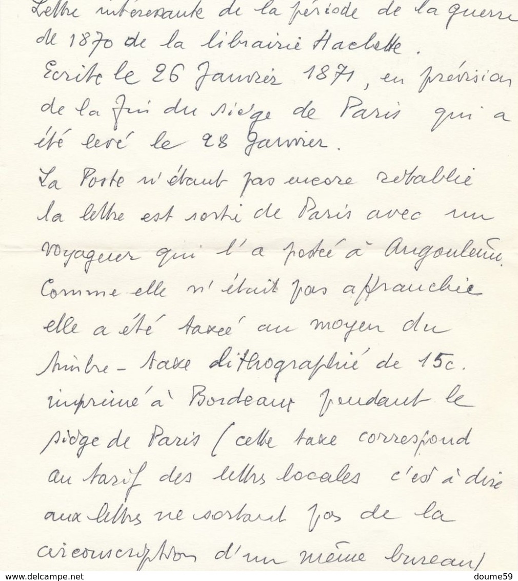 DS-57: FRANCE: Lot Avec Taxe N°4 Sur Lettre Du 26/01/1871, Taxée Le 3/2/71 à Angoulème (timbre Court à Droite) - 1859-1959 Cartas & Documentos