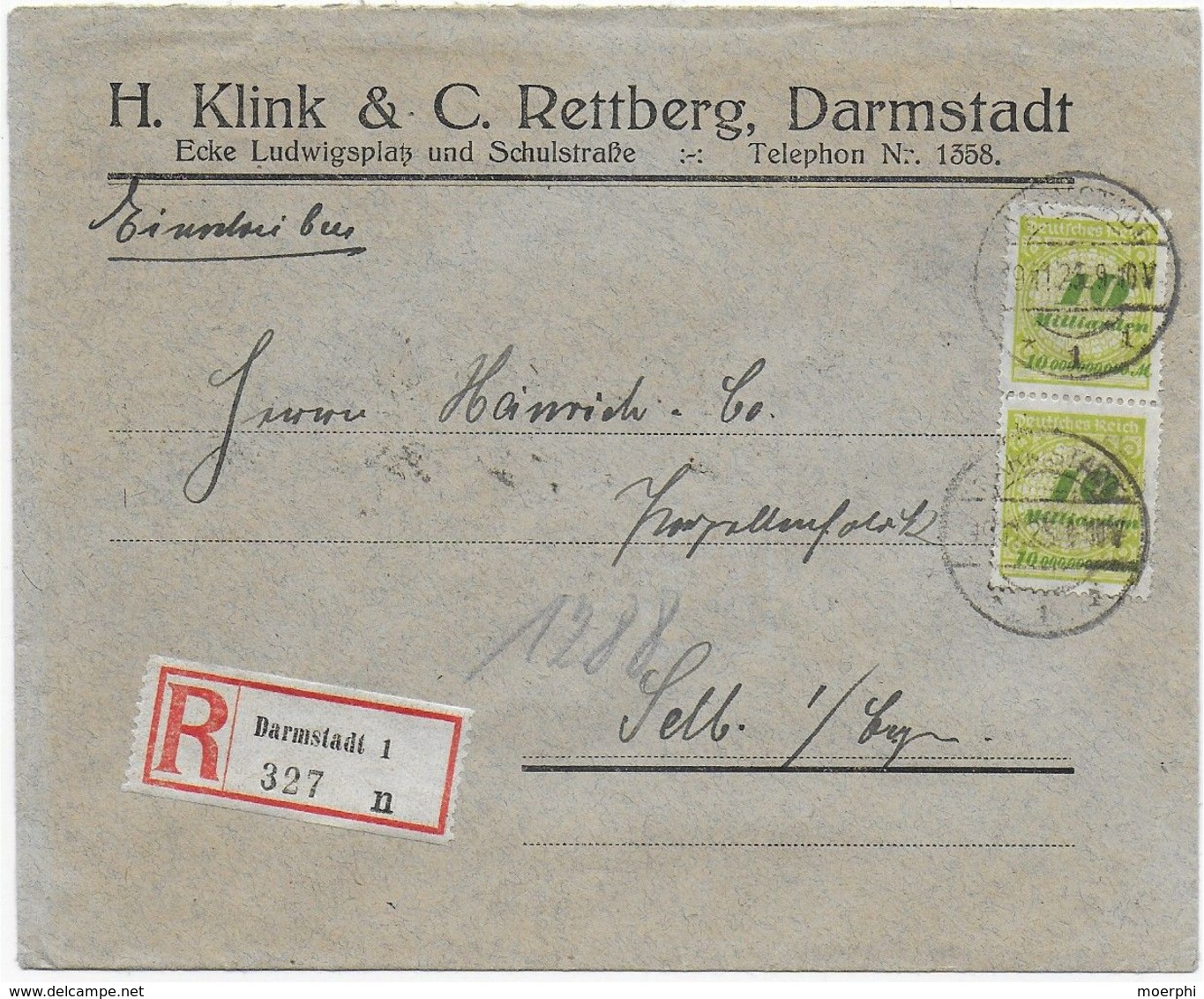 Infla - Einschreiben 19.11.1923 - Darmstadt Nach Selb - Vignette Pfeil Glühkörper - Sonstige & Ohne Zuordnung