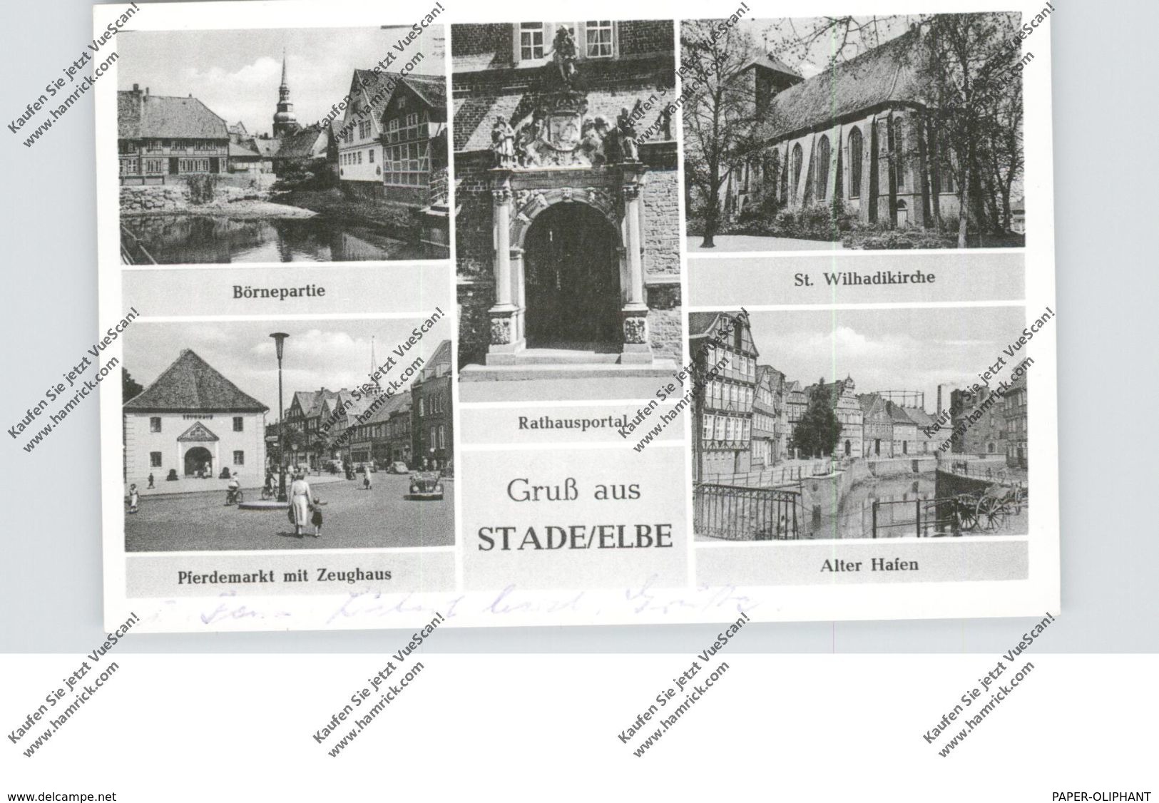 2160 STADE, Mehrbild-AK, Pferdemarkt, VW-Käfer Cabrio, Alter Hafen, Börnepartie, Rathausportal, St.Wilhaldikirche, 1956 - Stade