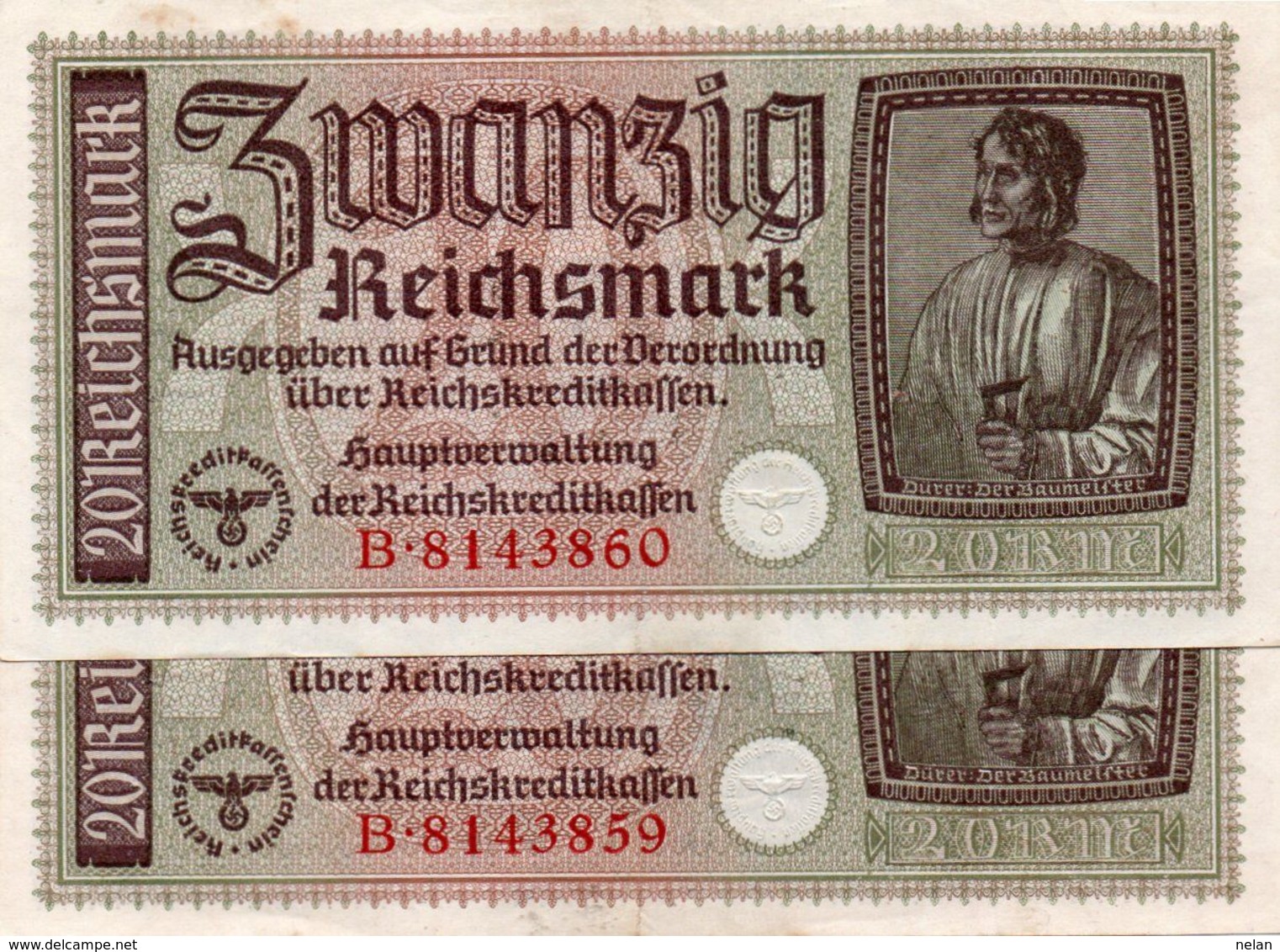 GERMANY-. 20 REICHSMARK 1940 **CIRC. XF+   P-R139  CONSECUTIVE - 20 Reichsmark