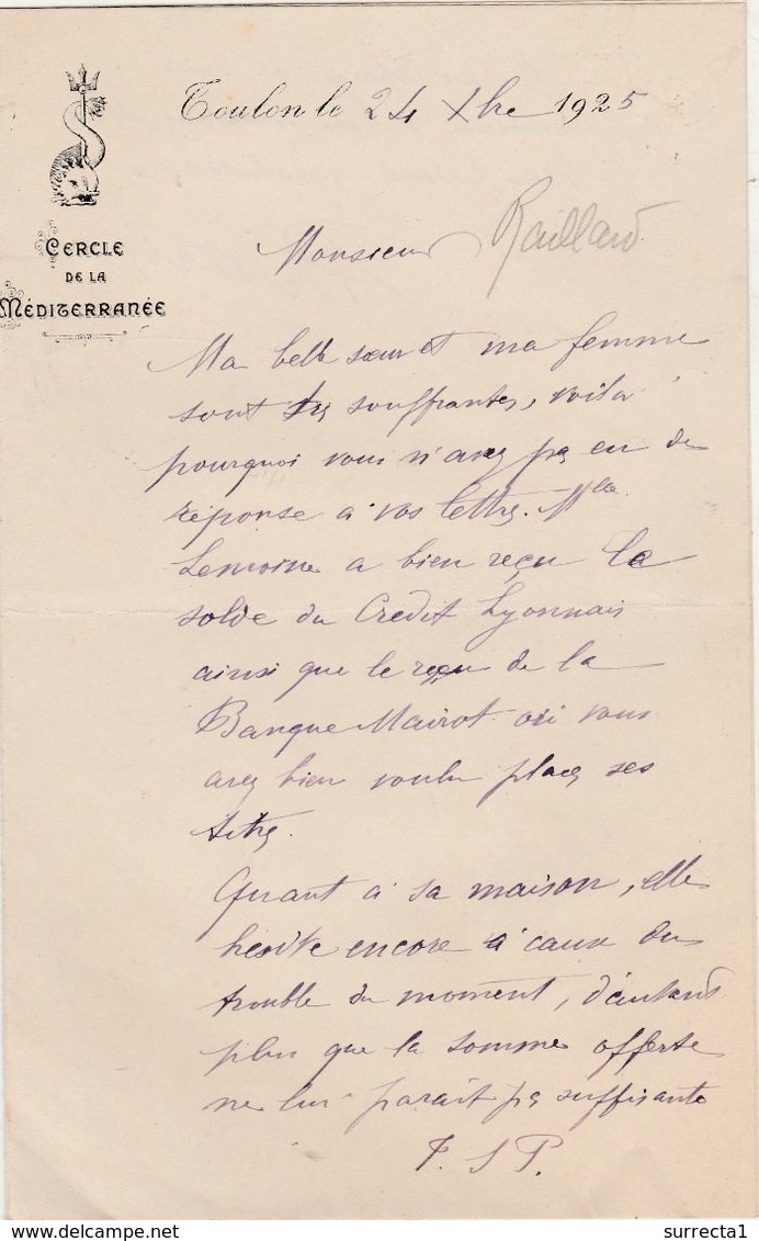 Courrier 1925 / Toulon 83 / Entête Du Cercle Militaire De La Méditerranée / Dauphin Sceptre Royal - Otros & Sin Clasificación