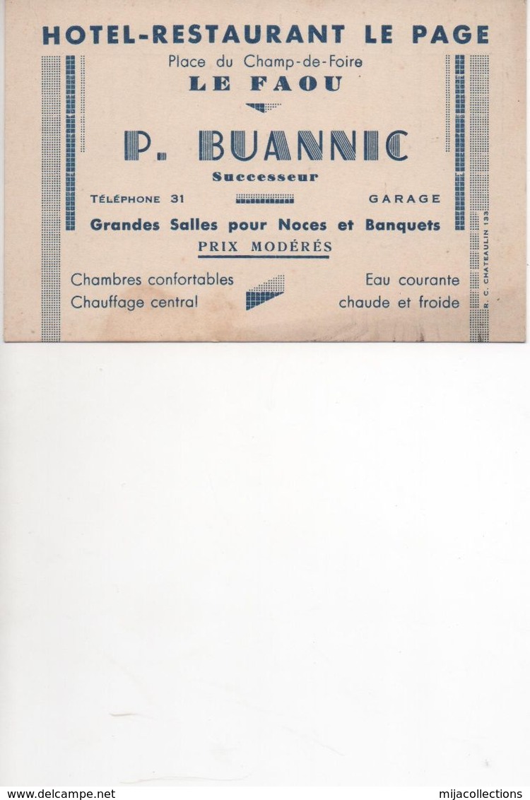 CARTE Publicitaire HOTEL-RESTAURANT LE PAGE-Place Du Champ De Foire LE FAOU (29) P. BUANNIC Prop. - Advertising