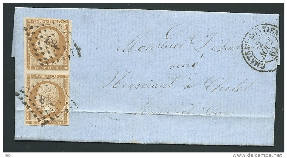 Yvert N° 13  ( 2 ) Paire  Oblitéré Petits Chiffres 768 ( Château-Gontier, Dpt 53-) En 1862 ( Plis Sur 1 Timbre ) Lr31206 - 1849-1876: Periodo Clásico