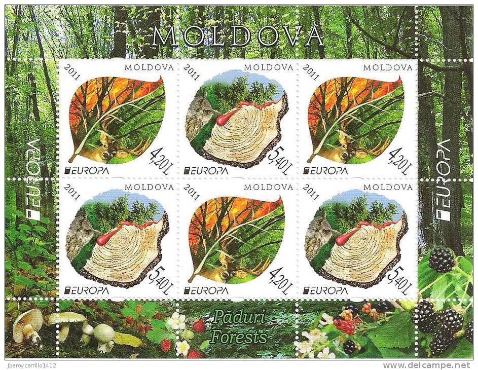 MOLDAVIA - EUROPA 2011 -TEMA ANUAL  " BOSQUES".- HOJA BLOQUE De 3 SERIES -DENTADA (PERFORATED) - 2011