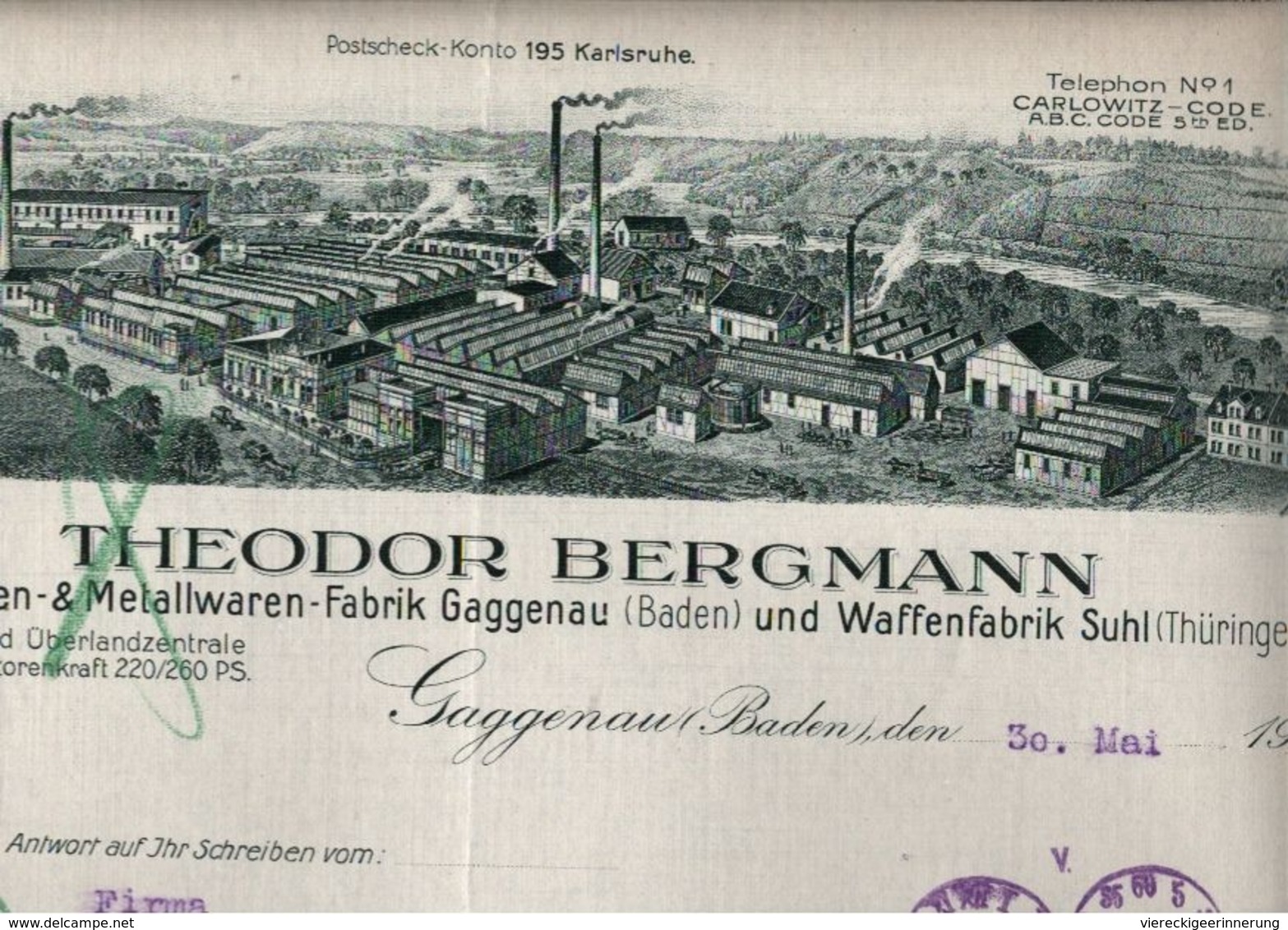 ! Briefbogen 1932, Theodor Bergmann, Gaggenau, Suhl, An Fa. Menck, Hamburg Altona - 1900 – 1949