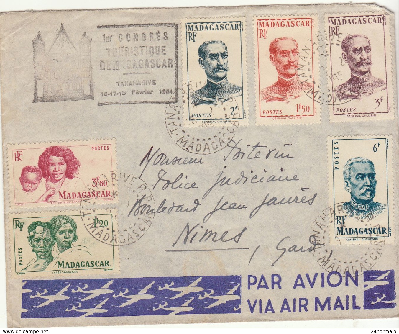 ESC/avion 1er Congrès Touristique De Madagascar  Tananarive 1954 - Covers & Documents