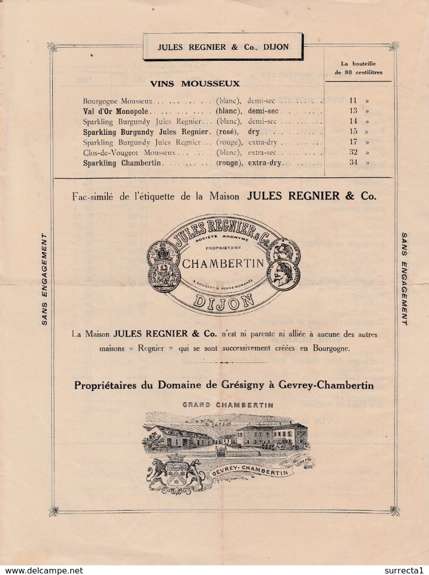 Tarif 4 Pages / Jules REGNIER / Dijon 21 / Propriétaire Vosne-Romanée, Vougeot, Chambolle-Musigny, Gevrey-Chambertin - 1900 – 1949