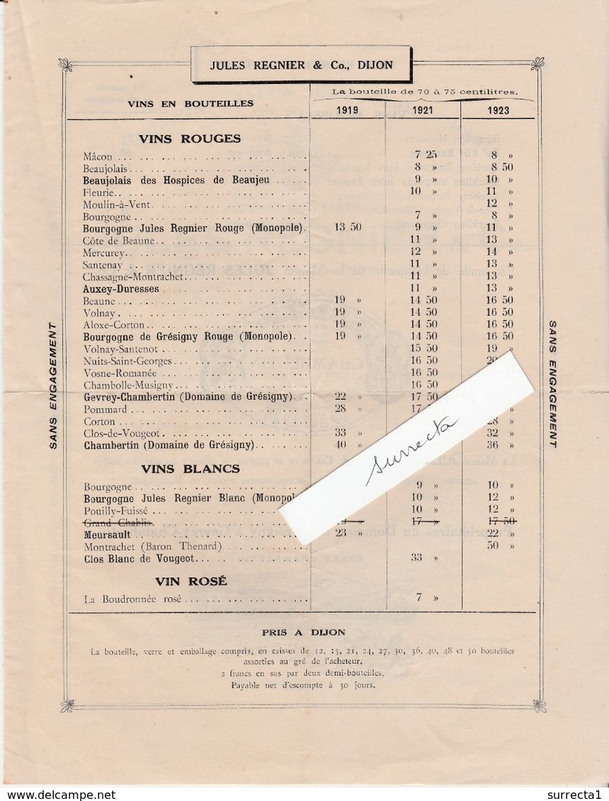 Tarif 4 Pages / Jules REGNIER / Dijon 21 / Propriétaire Vosne-Romanée, Vougeot, Chambolle-Musigny, Gevrey-Chambertin - 1900 – 1949