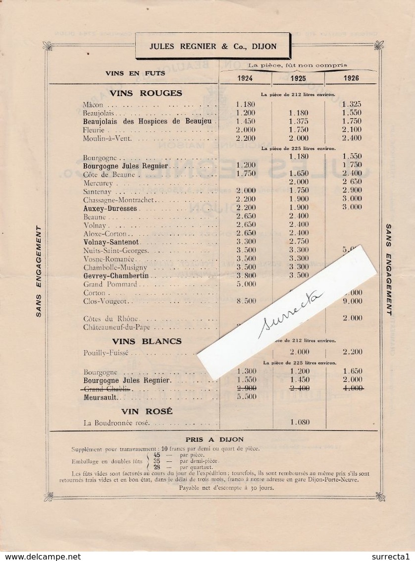 Tarif 4 Pages / Jules REGNIER / Dijon 21 / Propriétaire Vosne-Romanée, Vougeot, Chambolle-Musigny, Gevrey-Chambertin - 1900 – 1949