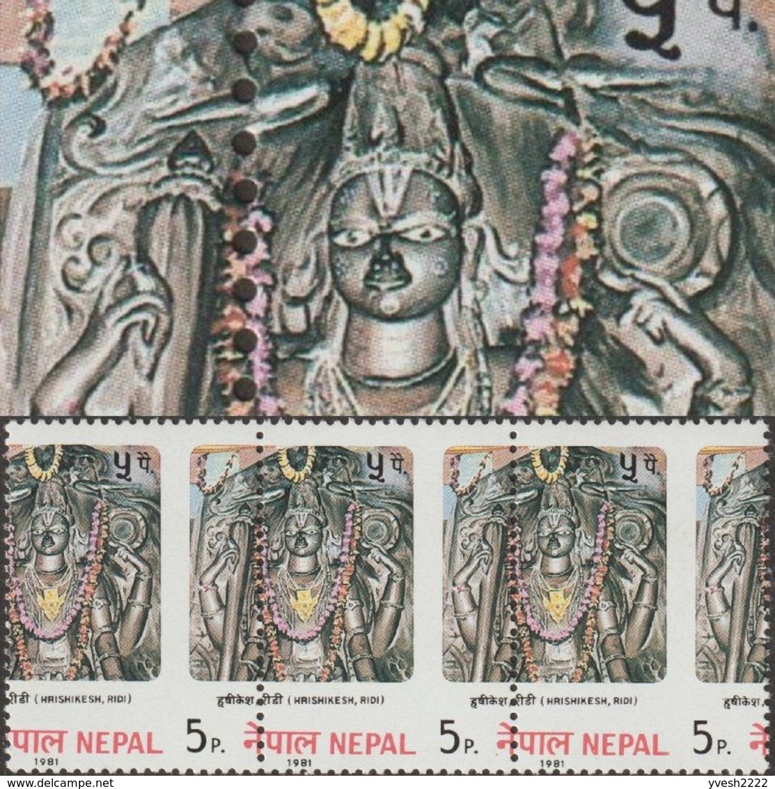 Népal 1981 Y&T 384. Bande De 3, Piquage à Cheval. Statue De Dieu Hindou, Hrishikesh à Ridi, Patrimoine De L'UNESCO - Induismo