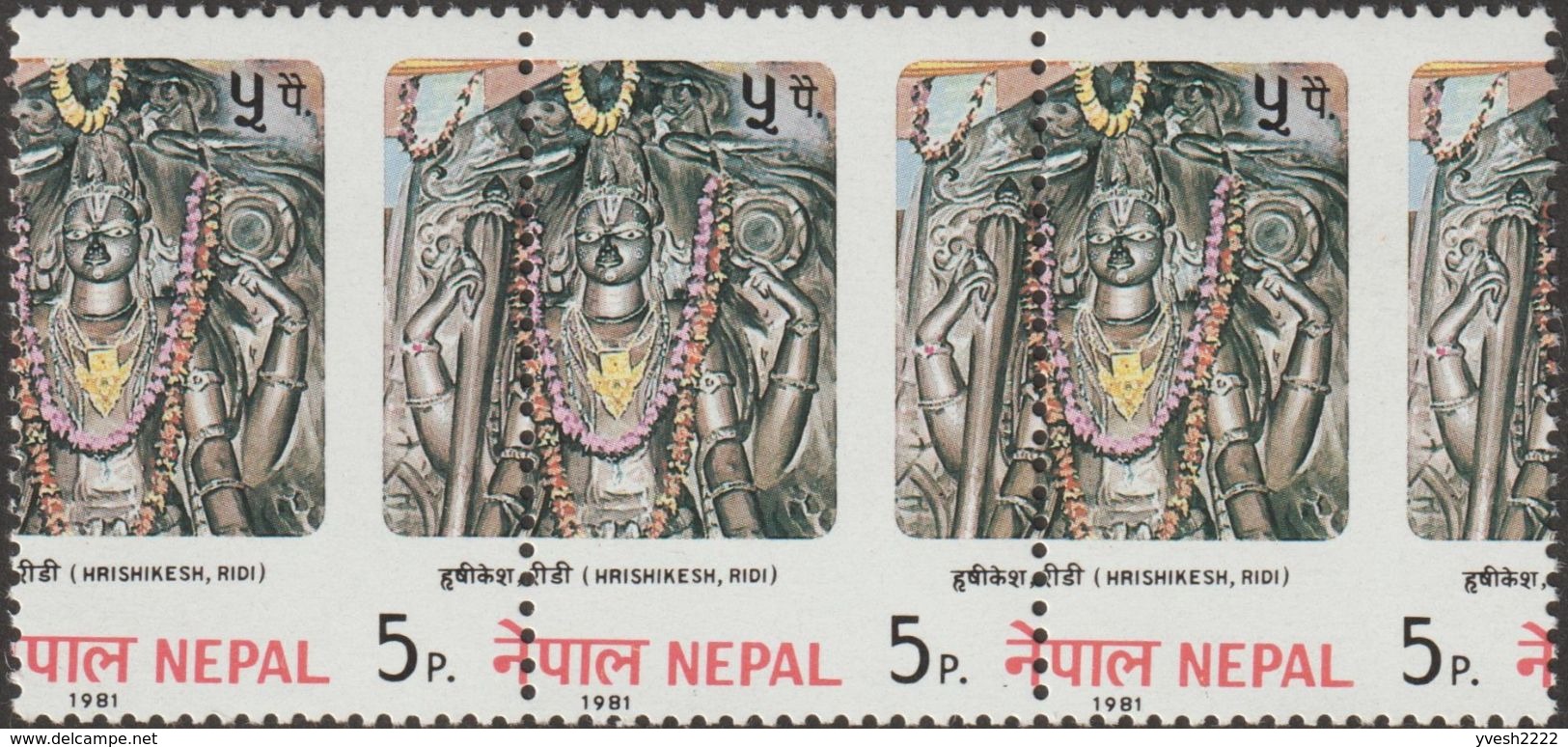 Népal 1981 Y&T 384. Bande De 3, Piquage à Cheval. Statue De Dieu Hindou, Hrishikesh à Ridi, Patrimoine De L'UNESCO - Hinduism