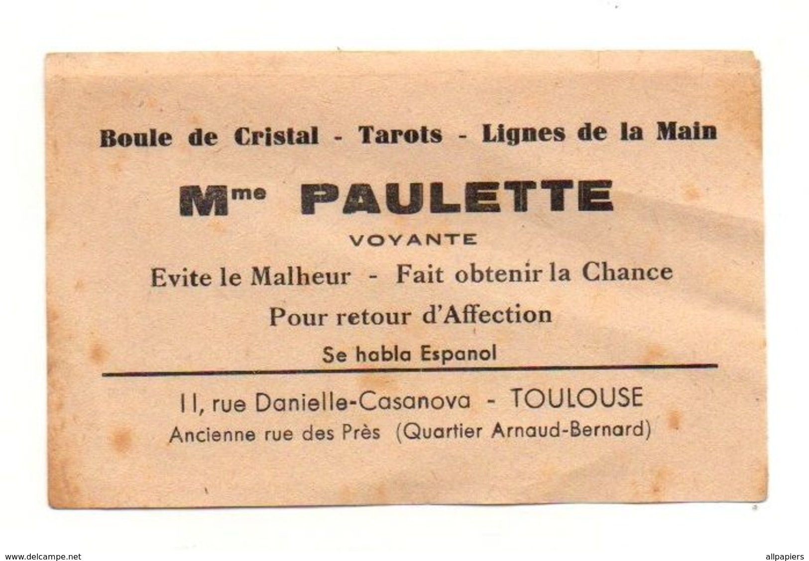 Carte De Visite Mme Paulette Boule De Cristal - Tarots - Lignes De La Main à Toulouse - Visitenkarten