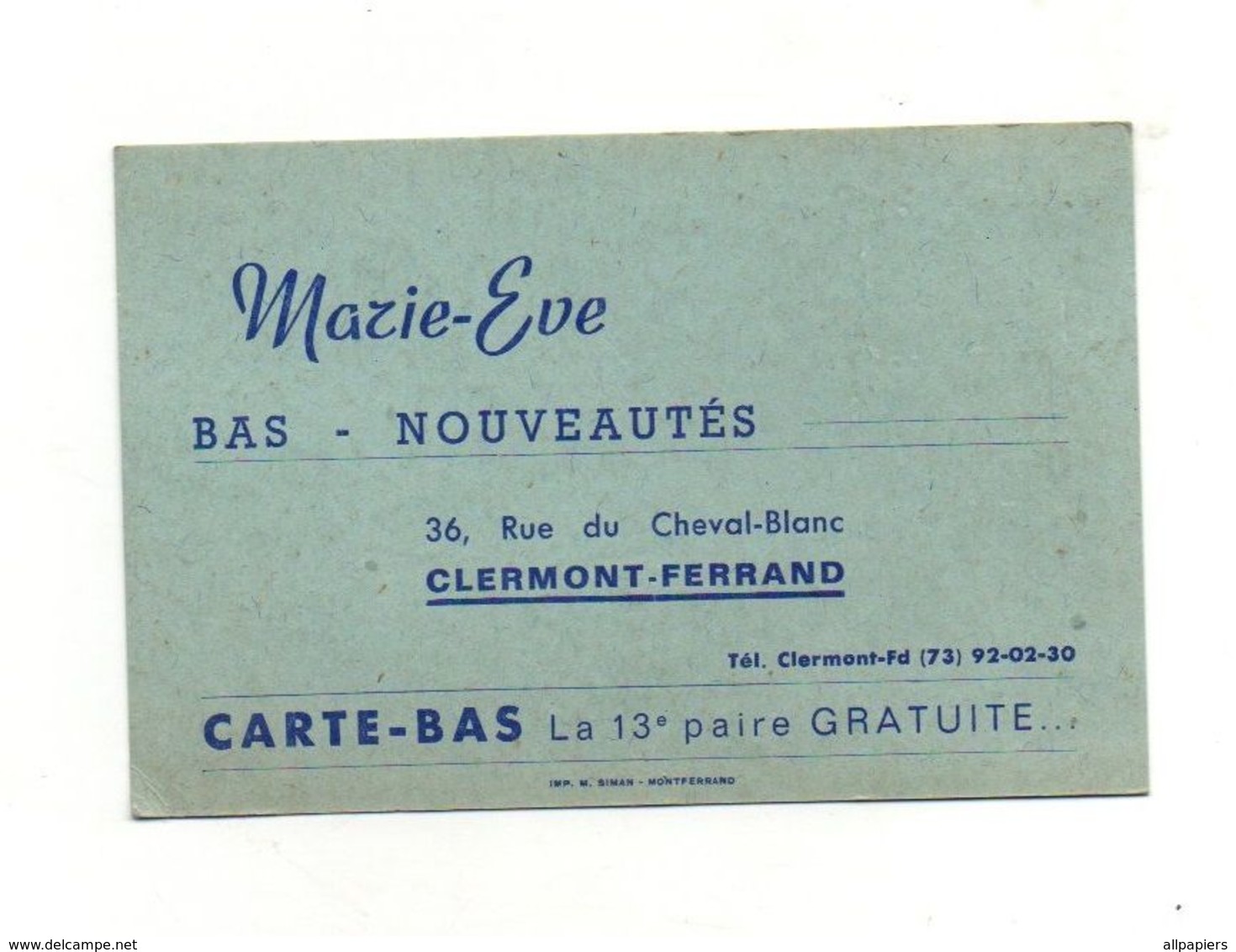 Carte -Bas Fidélité Marie-Eve Bas - Nouveautés Clermont-Ferrand - La 13e Paire Gratuite - Visiting Cards