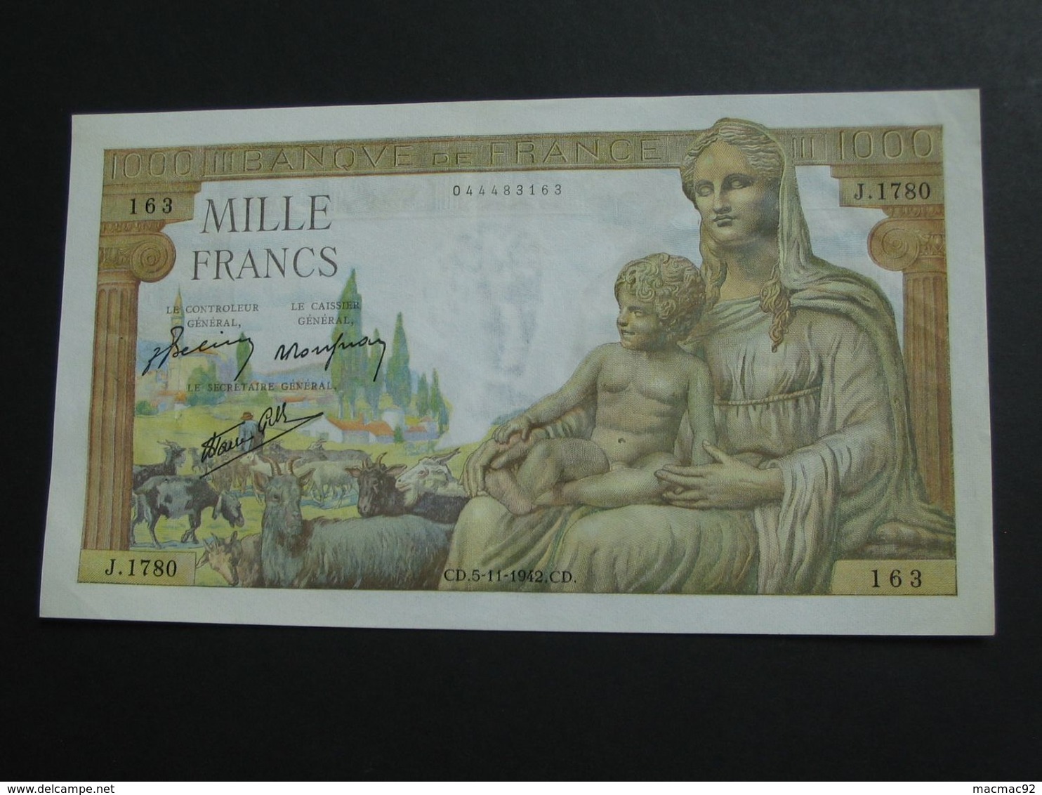 1000 Francs - Mille  Francs Déesse Déméter - Type 1942   5-11-1942   **** EN ACHAT IMMEDIAT **** - 1 000 F 1942-1943 ''Déesse Déméter''