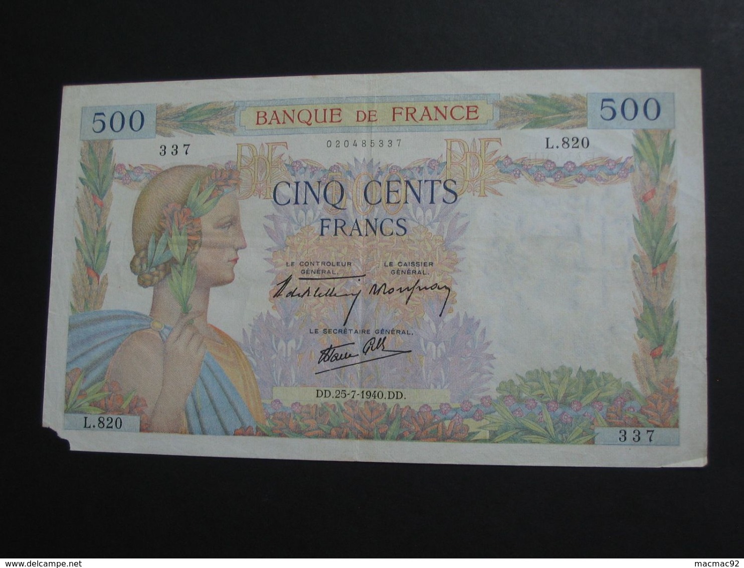 500 Francs  - LA PAIX  - 25-7-1940   **** EN ACHAT IMMEDIAT **** - 500 F 1940-1944 ''La Paix''