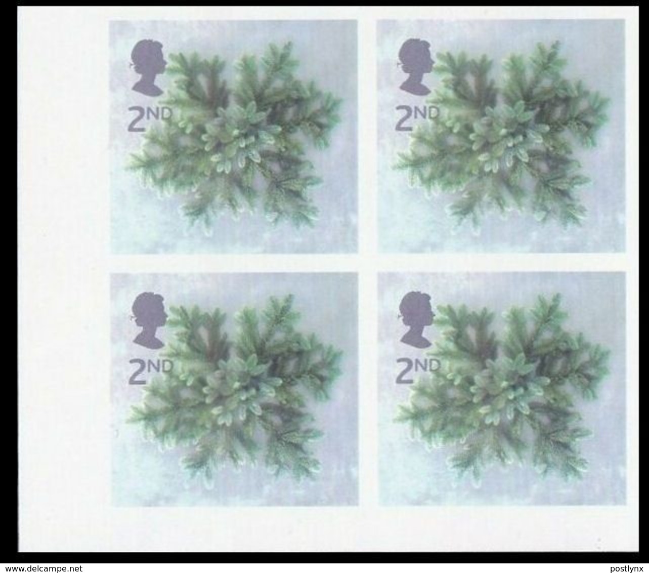 CV:€192.00 GREAT BRITAIN 2002 Christmas Blue Spruce Star Tree 2nd Class CORNER IMPERF.4-BLOCK - Ongetand