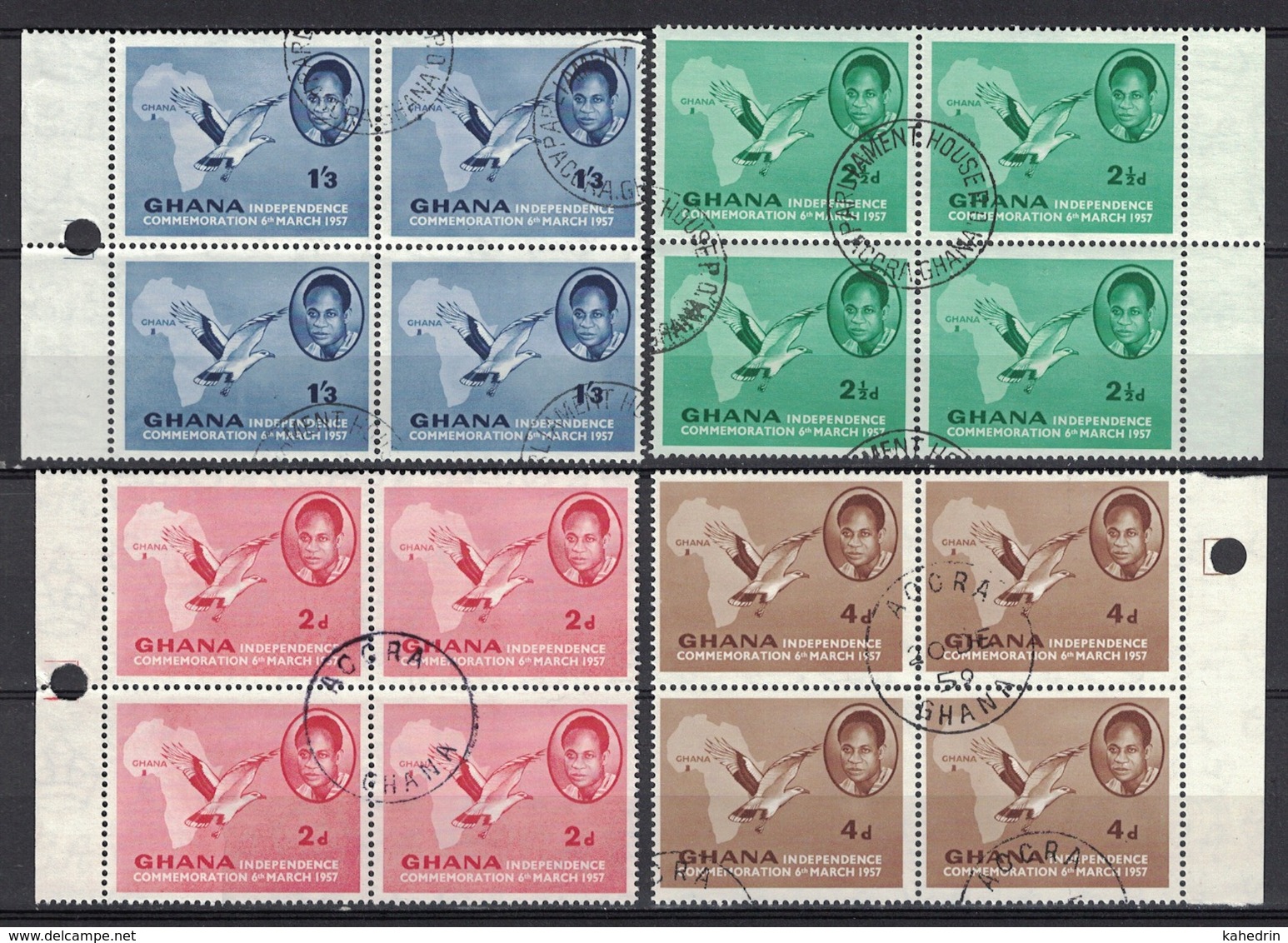 Ghana 1957, Kwame Nkrumah - Independence, Used (CTO), Block Of 4 - Ghana (1957-...)