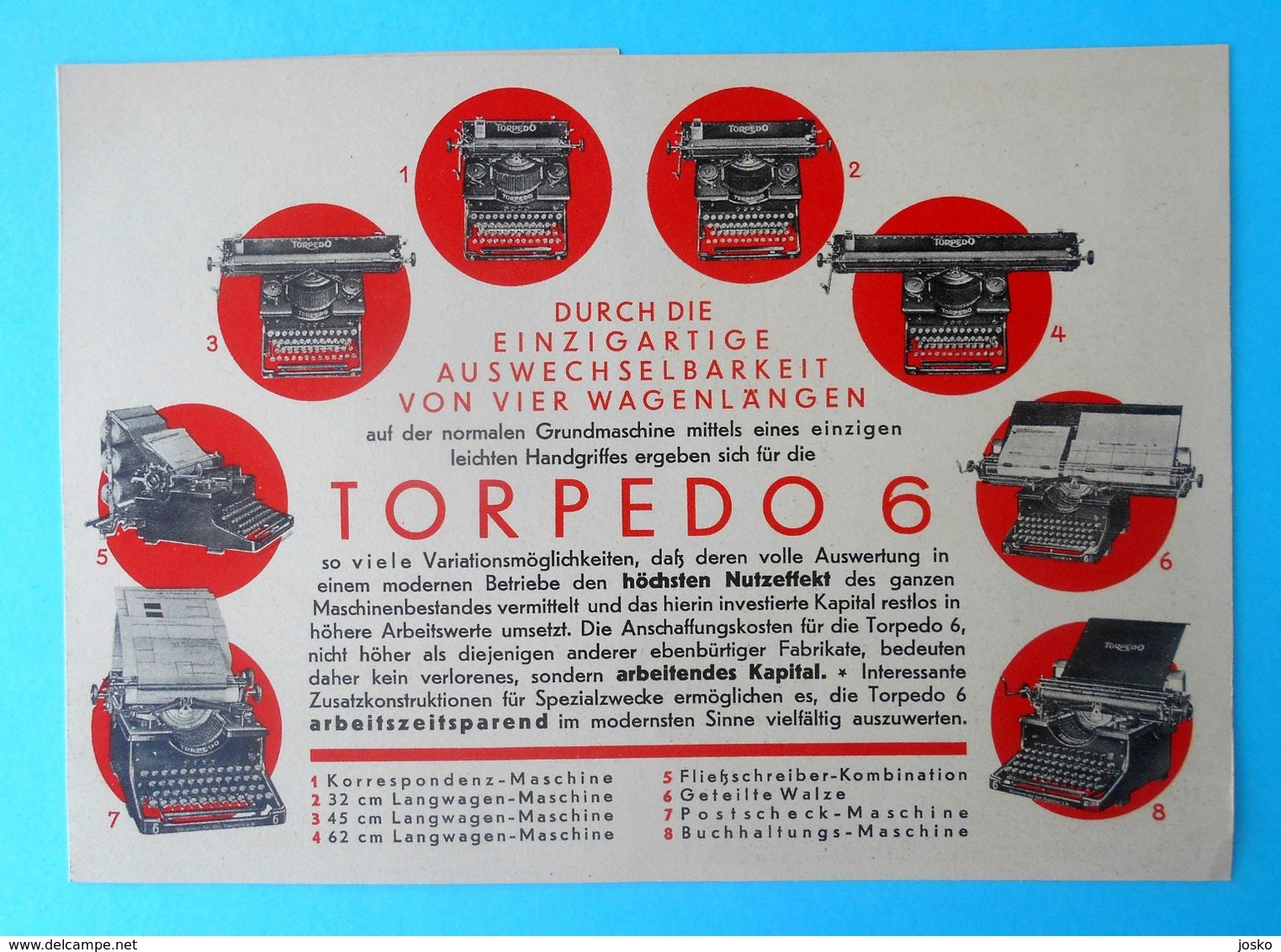 TORPEDO 6 - Famous Germany Typewriter Orig. Vintage Pre-WW2 Ad-order Form * Machine à écrire Schreibmaschine Deutschland - Other & Unclassified