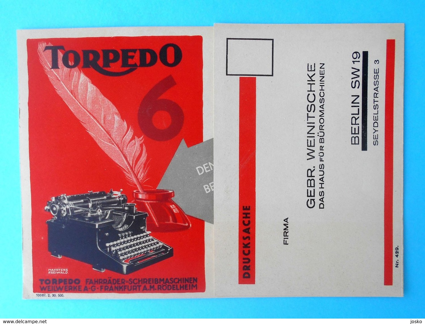 TORPEDO 6 - Famous Germany Typewriter Orig. Vintage Pre-WW2 Ad-order Form * Machine à écrire Schreibmaschine Deutschland - Other & Unclassified