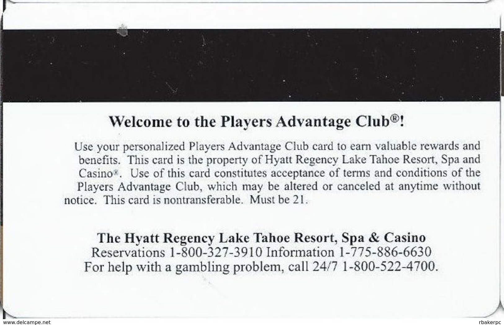 Hyatt Regency Casino - Lake Tahoe, NV - Slot Card (BLANK) - Casino Cards