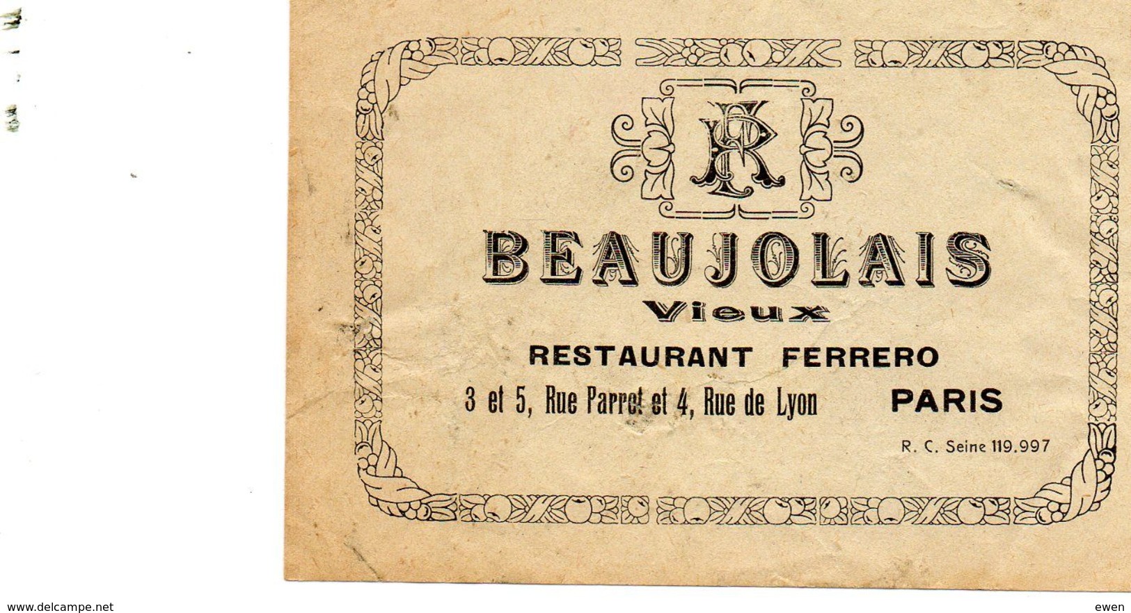 Ancienne étiquette De Vin Vieux Beaujolais. Restaurant Ferrero Paris. Années 50. - Beaujolais