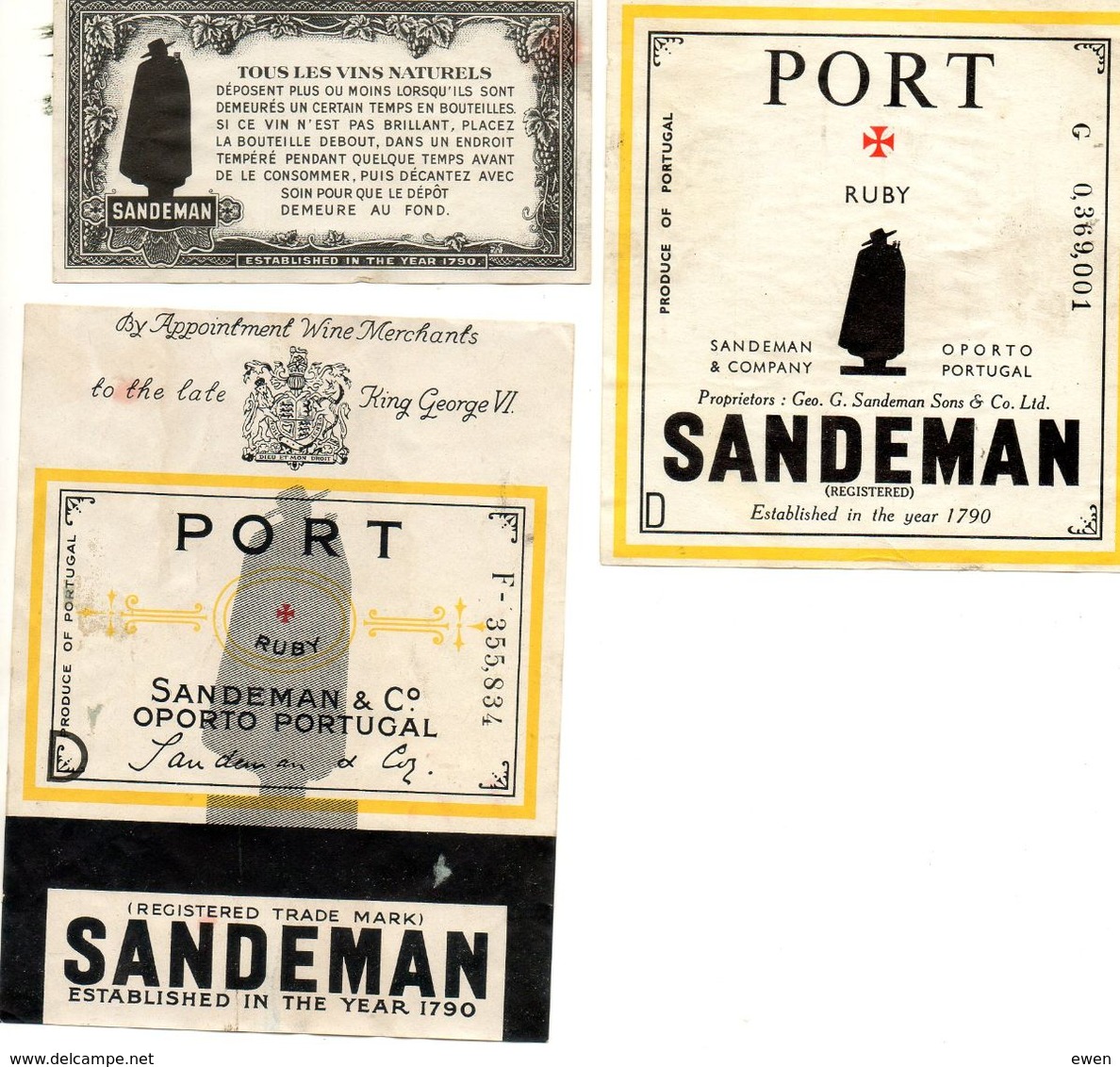 3 Anciennes étiquettes Porto Sandeman. Années 50. - Otros & Sin Clasificación