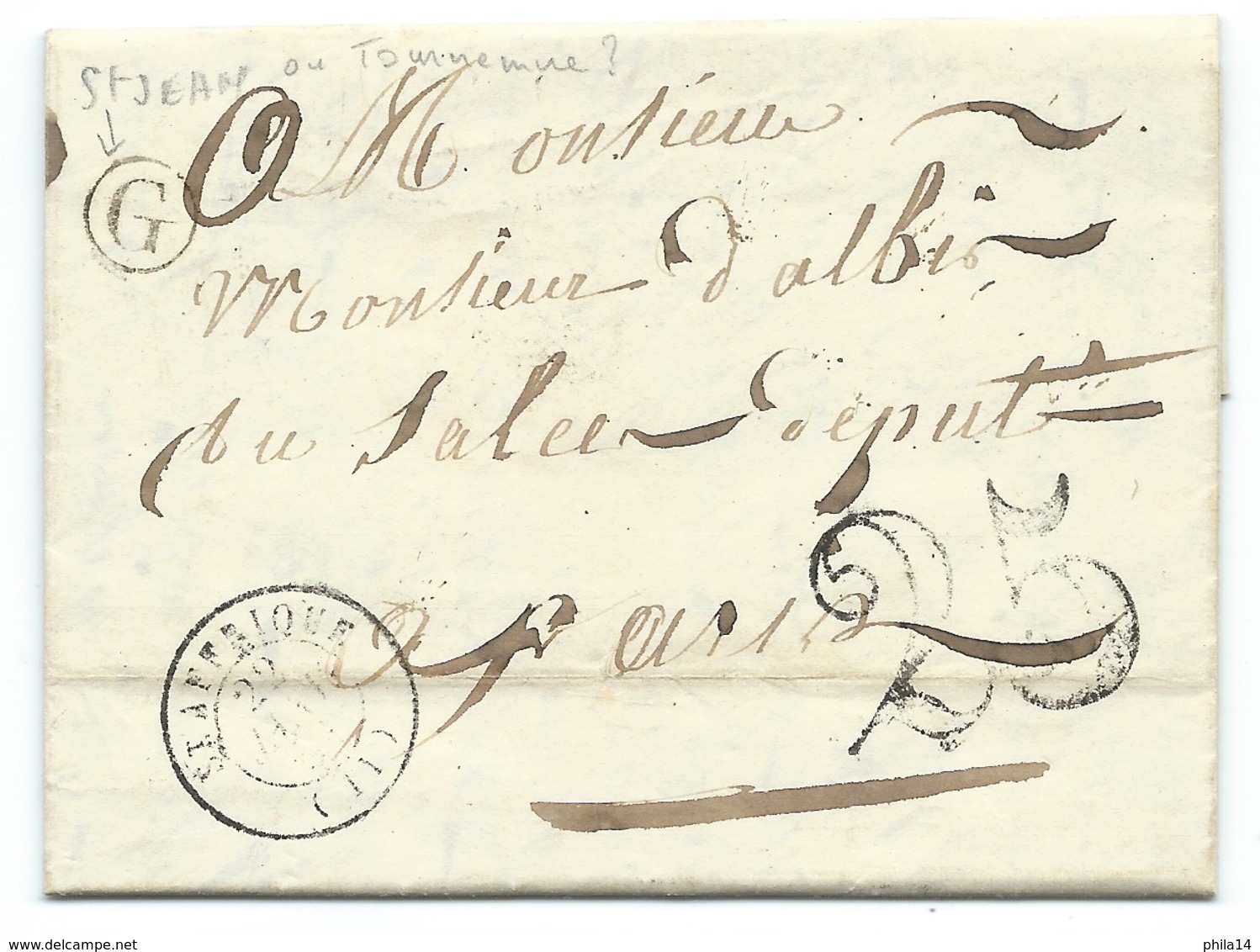 MARQUE POSTALE ST AFFRIQUE POUR PARIS / 1851 / TAXE 25 DOUBLE TRAIT/ BOITE RURALE G ST JEAN - 1849-1876: Classic Period