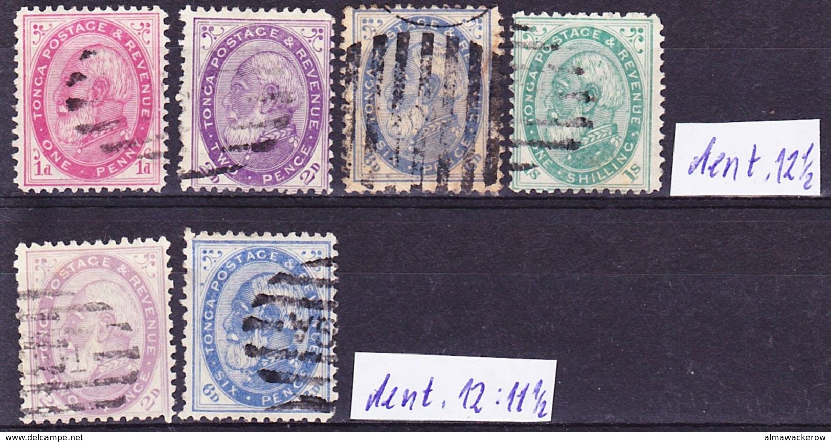 Tonga 1886-1888 King Tupou I. Definitives With Different Dentations Mi 1A, 2bA, 3A, 4bA, 2aC, 3aC Used O - Tonga (...-1970)