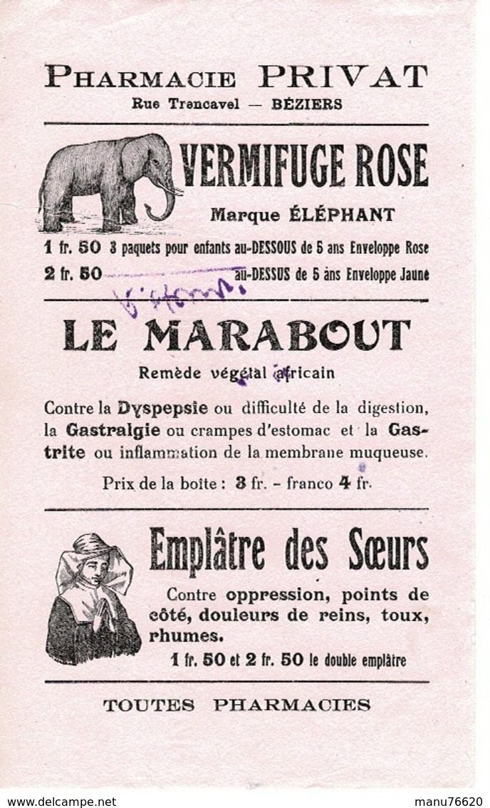 Buvard PHARMACIE PRIVAT - Rue Trencavel BEZIERS - Vermifuge Rose , Le Marabout , Emplâtre Des Soeurs - Alimentos