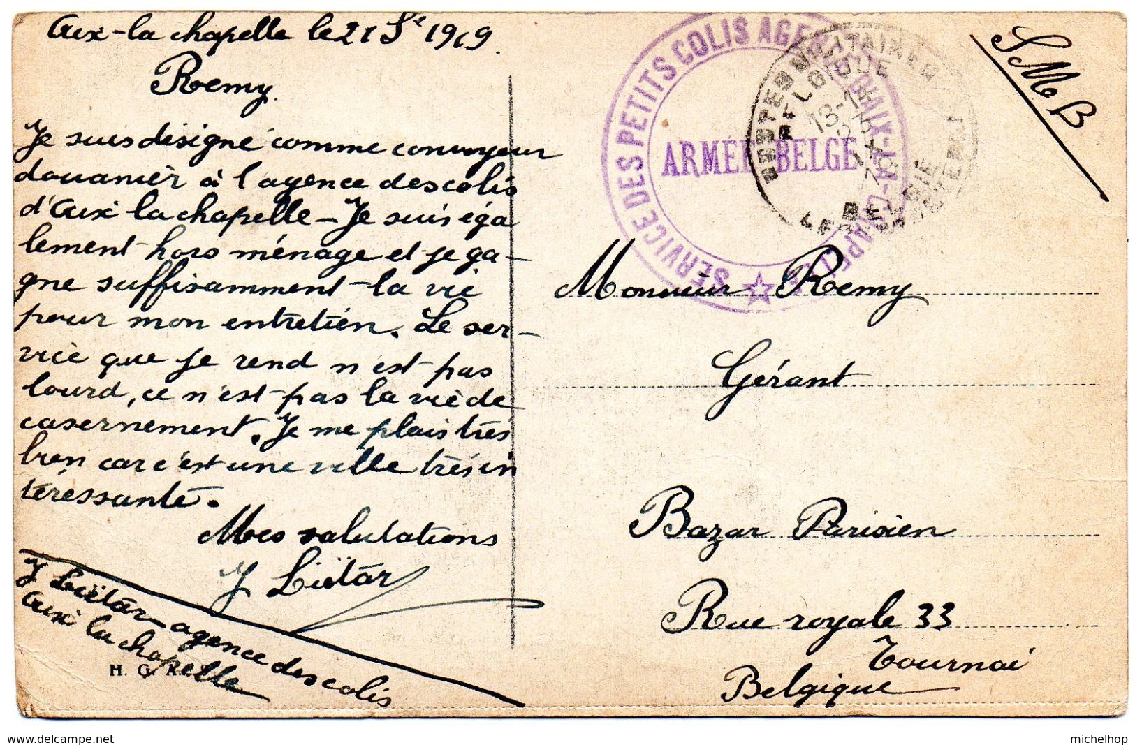 Cachet ARMEE BELGE SERVICE DES PETITS COLIS AGENCE D'AIX-LA-CHAPELLE Sur CV Vers Tournai (1919) - Lettres & Documents