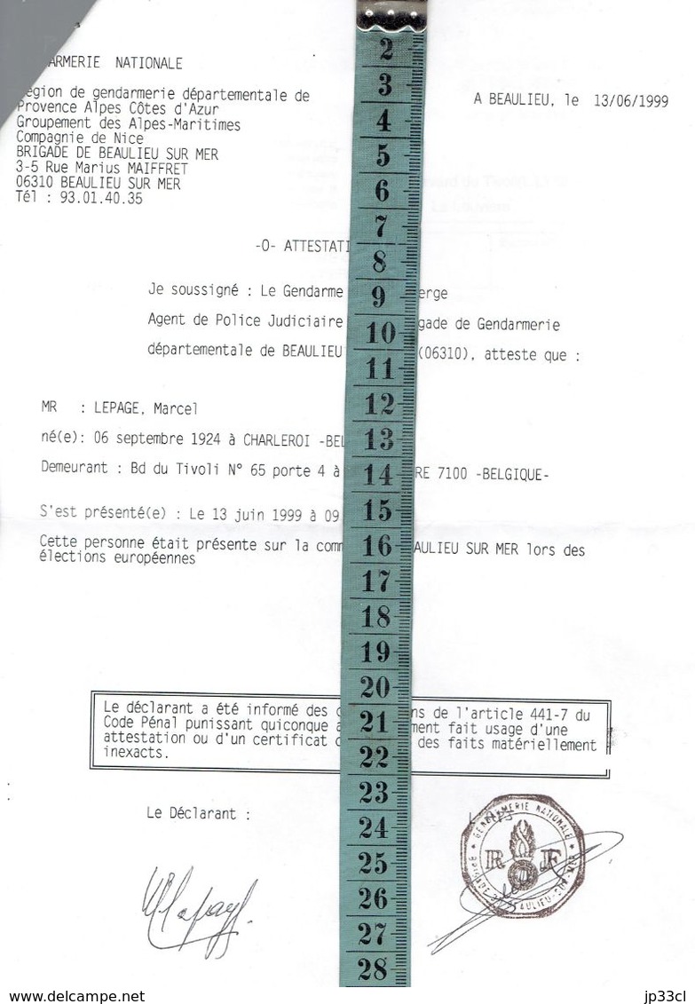 Attestation De La Gendarmerie De Beaulieu/s/Mer Justifiant La Non-participation D'un Belge à L'élection Européenne 1999 - Historical Documents