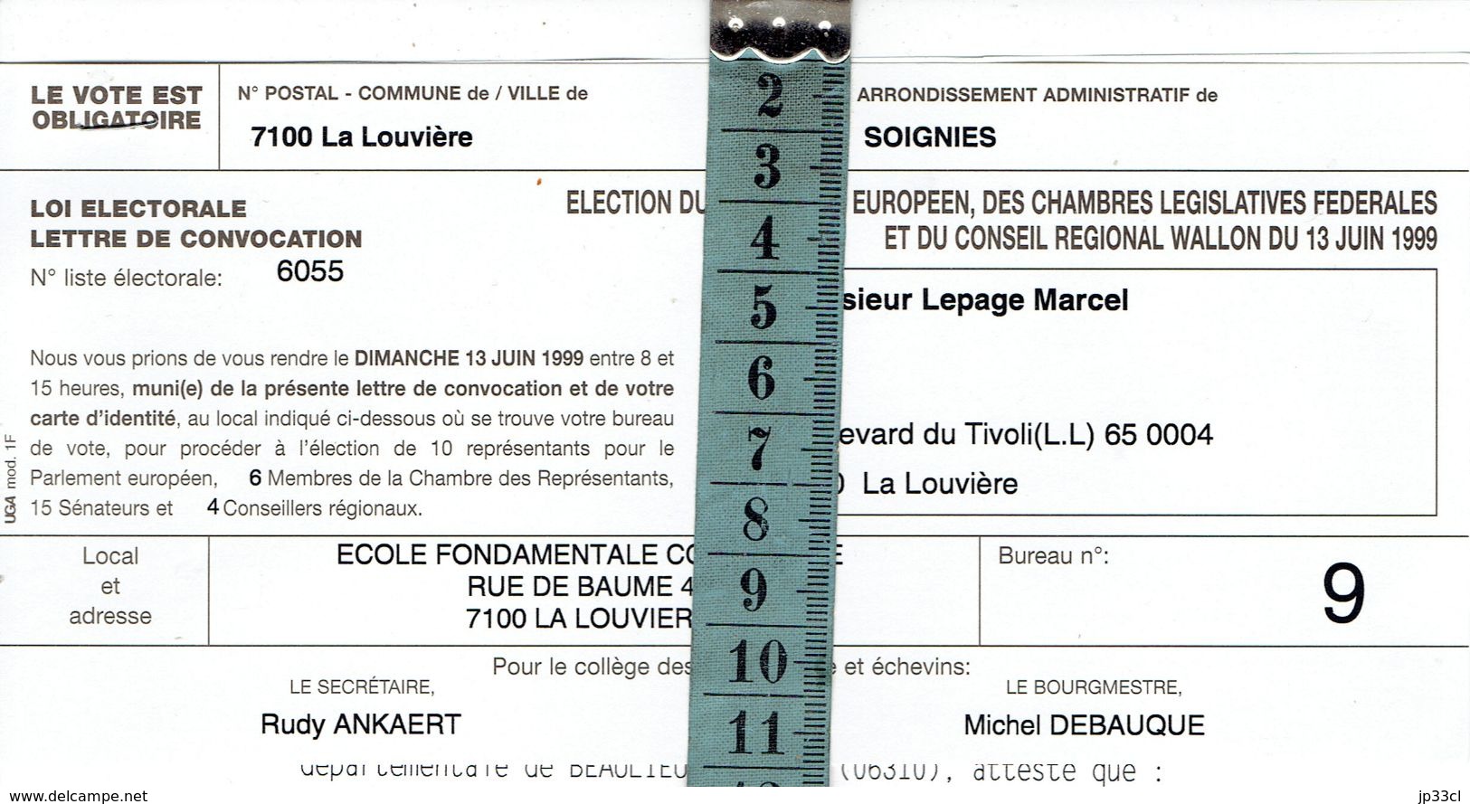 Attestation De La Gendarmerie De Beaulieu/s/Mer Justifiant La Non-participation D'un Belge à L'élection Européenne 1999 - Historical Documents