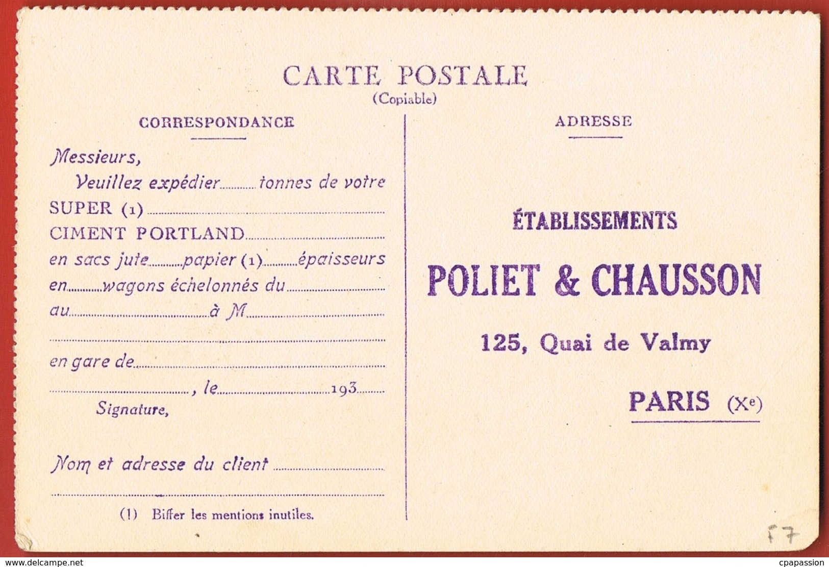 PARIS  - Carte Commerciale POLIET & CHAUSSON- Année 1930-  Au Recto  La Samaritaine L  - Scans Recto Verso - Other & Unclassified
