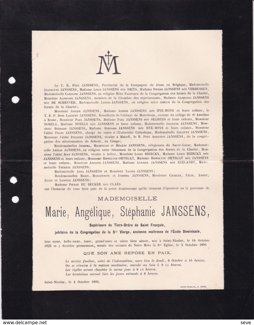 SAINT-NICOLAS WAAS Marie Angélique JANSSENS 1823-1896 école Dominicale Familles HYE-HOYS CLAES - Todesanzeige