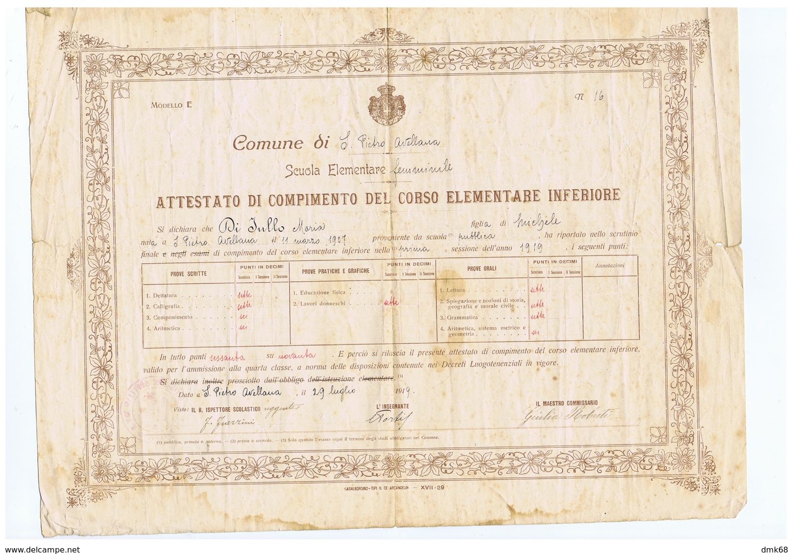 SAN PIETRO AVELLANA ( ISERNIA ) SCUOLA ELEMENTARE FEMMINILE - ATTESTATO 1919 - Diplômes & Bulletins Scolaires